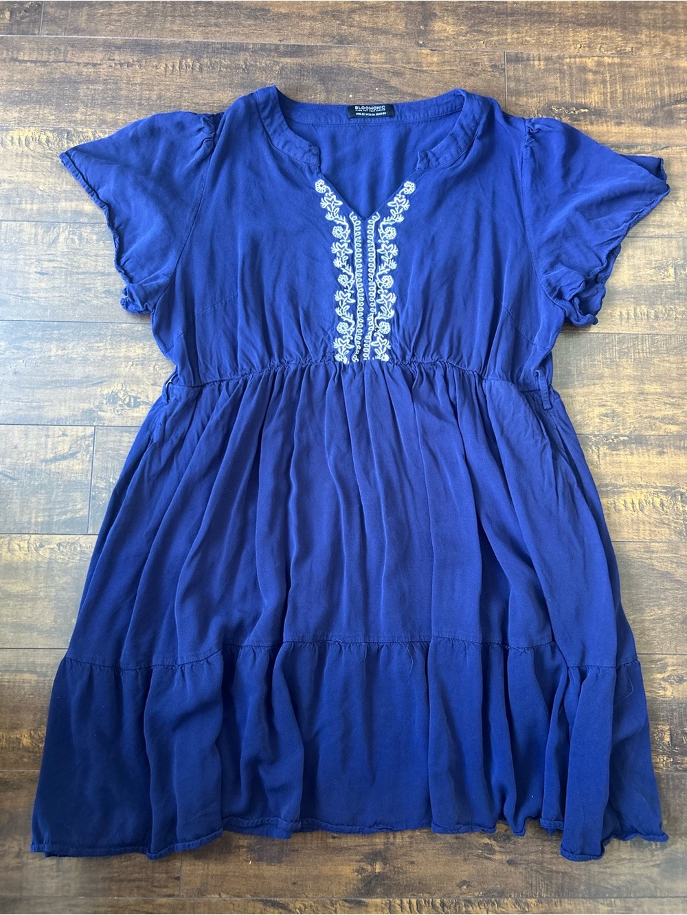 BloomChic Navy Blue Embroidered Tiered Casual Dress